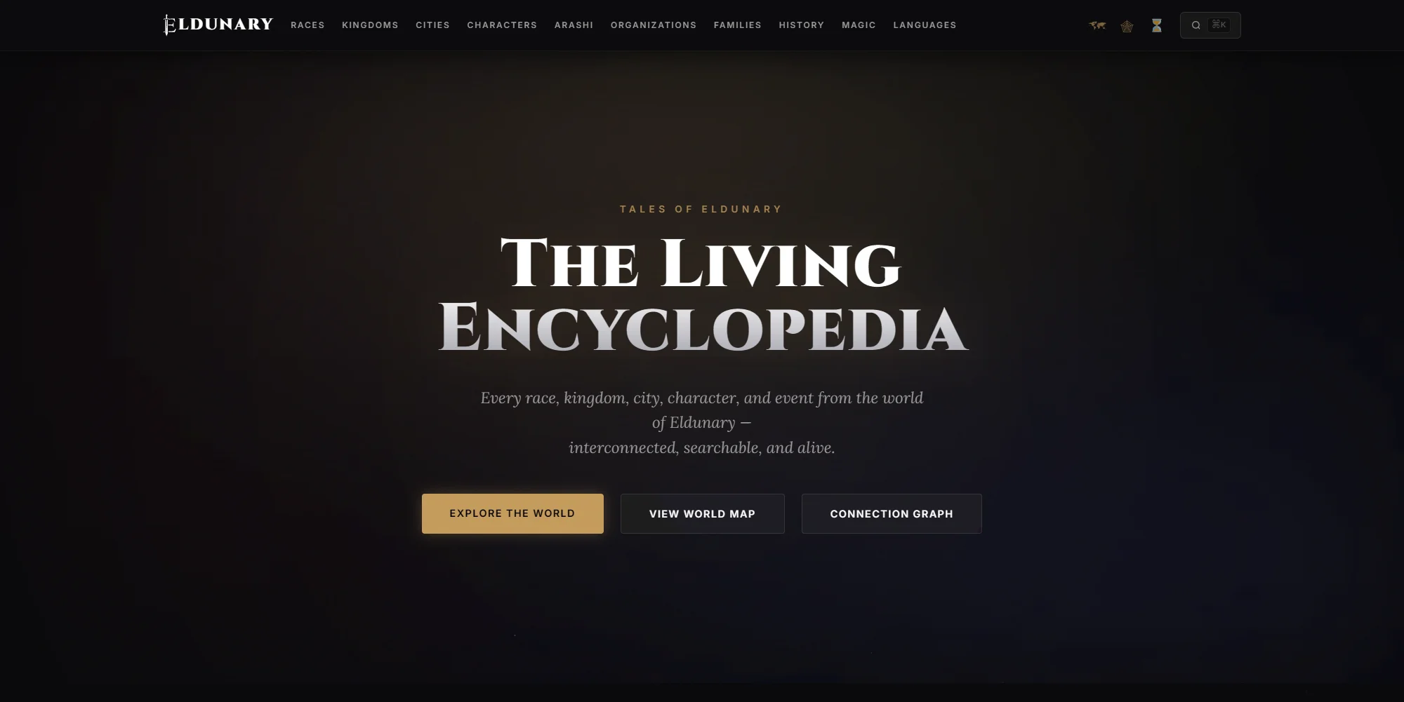 The Eldunary home page, with the headline The Living Encyclopedia and buttons for Explore the World, View World Map and Connection Graph