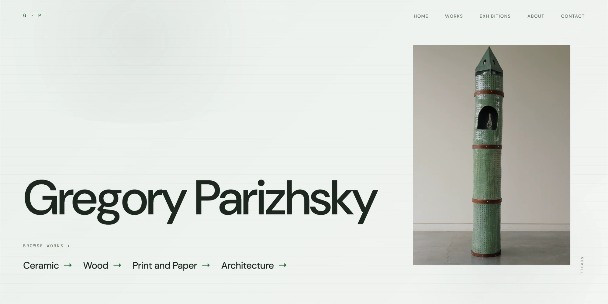 The grisha.studio home page, showing the name Gregory Parizhsky beside a photo of a tall green ceramic tower sculpture